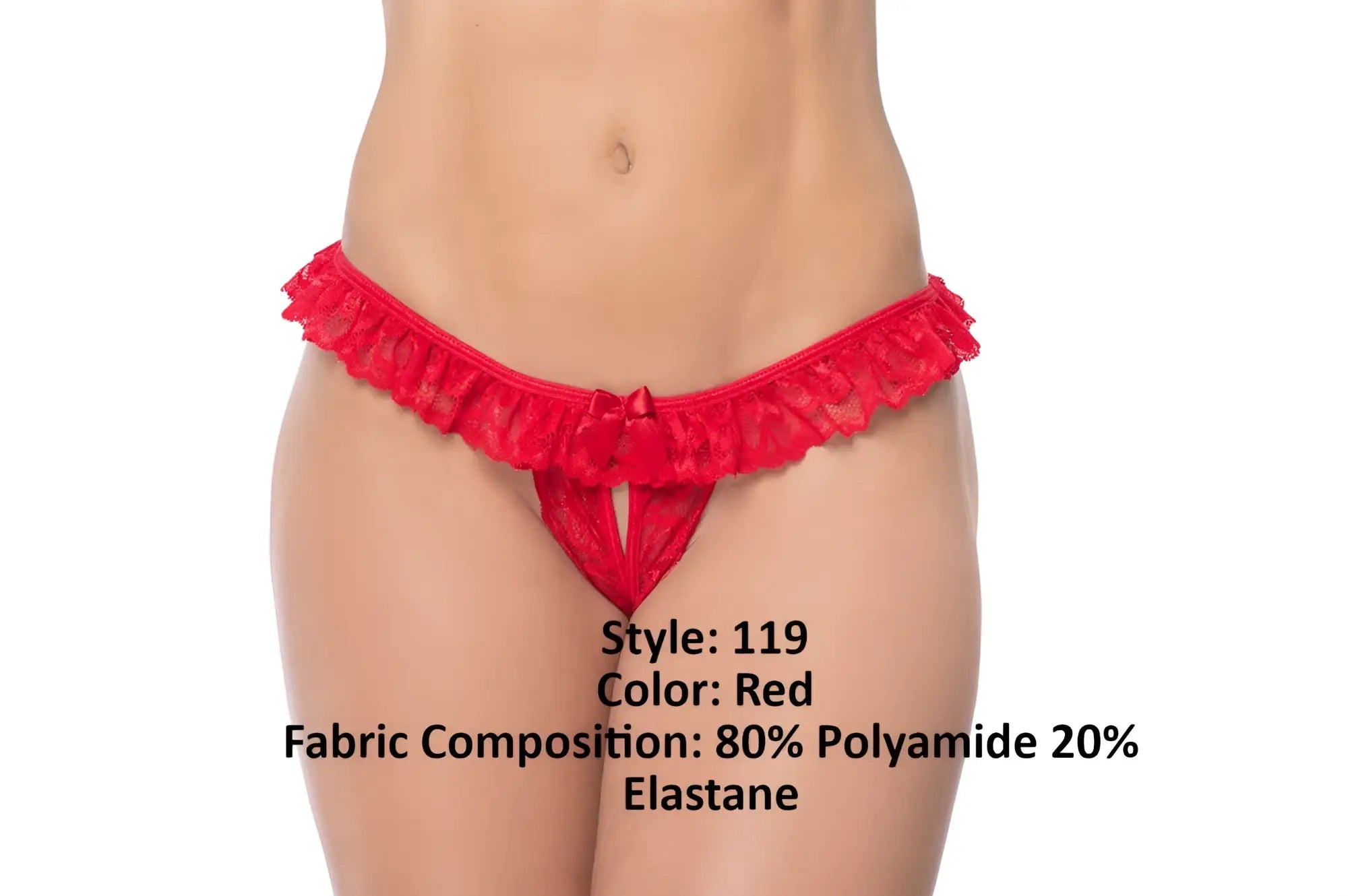 Red lace thong panty with ruffled waistband and central bow detail from mapale 119 in vibrant red color