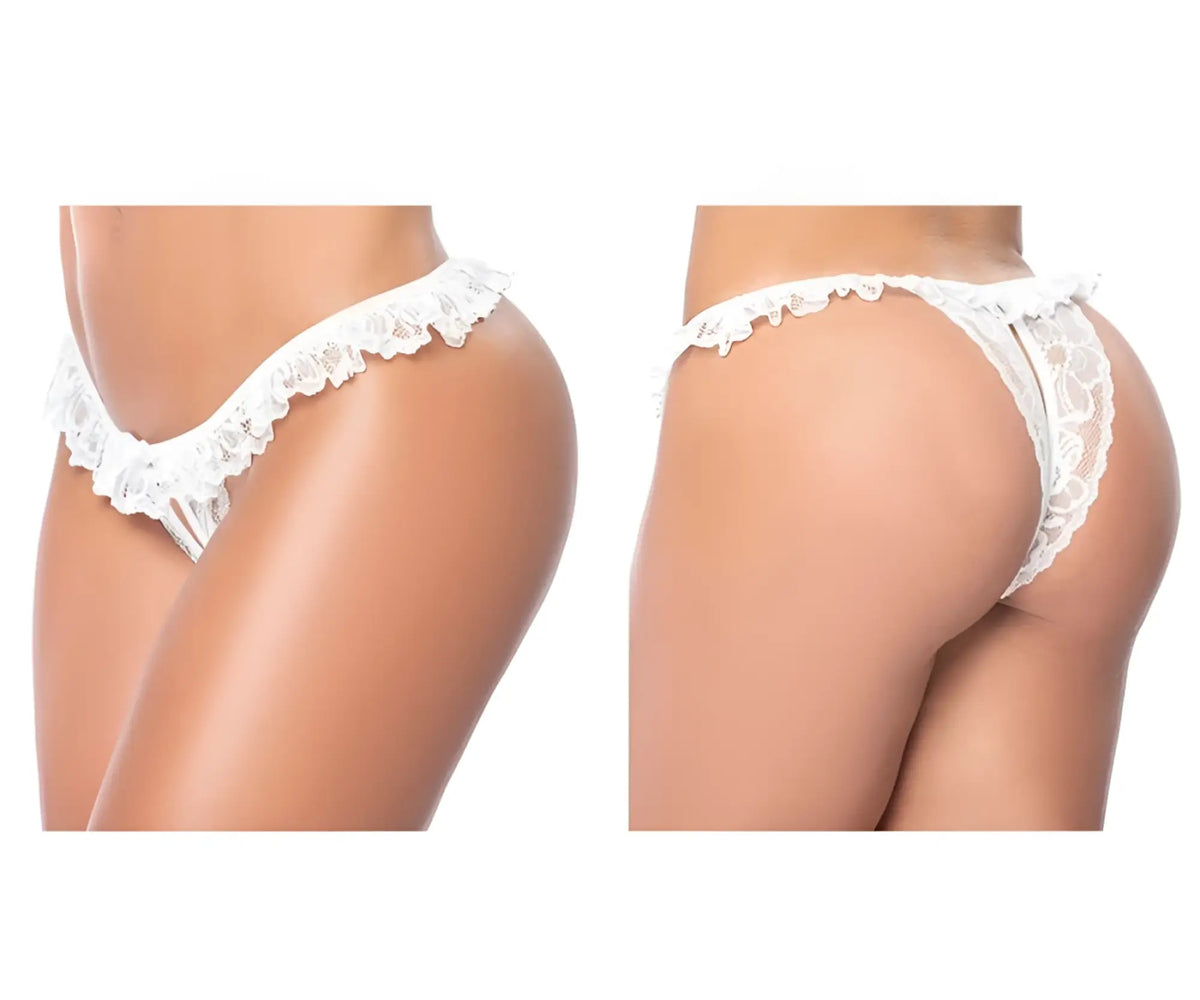 White lace thong panty by mapale 119 with delicate ruffled trim and intricate floral patterns in white color