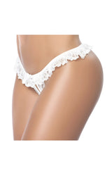 White lace thong panty by Mapale 119 with delicate ruffled trim in white showing front view