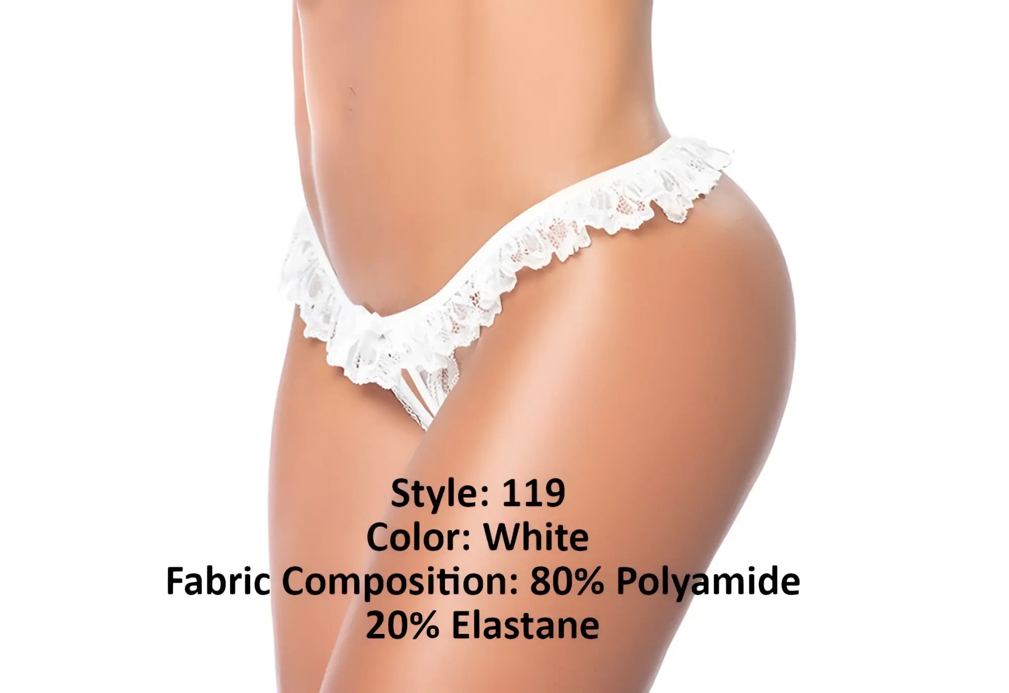 White lace thong panty with delicate ruffled edge and sheer mesh detailing by Mapale in white color