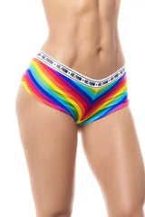 Mapale 122B rainbow striped he him briefs with white elastic waistband featuring repeating he him text