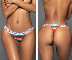 Mapale 123B rainbow thong with rainbow stripes and white elastic waistband featuring the brand logo
