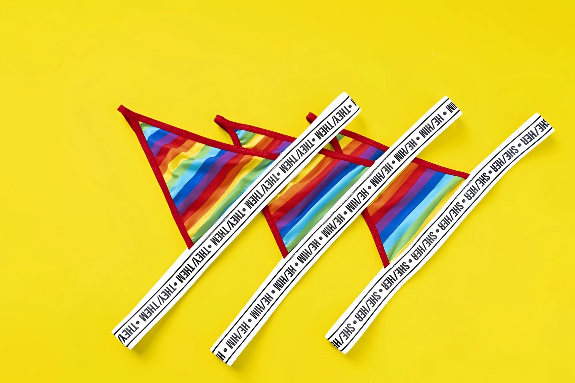 Mapale 123B rainbow thong with rainbow stripes red trim and white elastic waistband with repeating they thm text