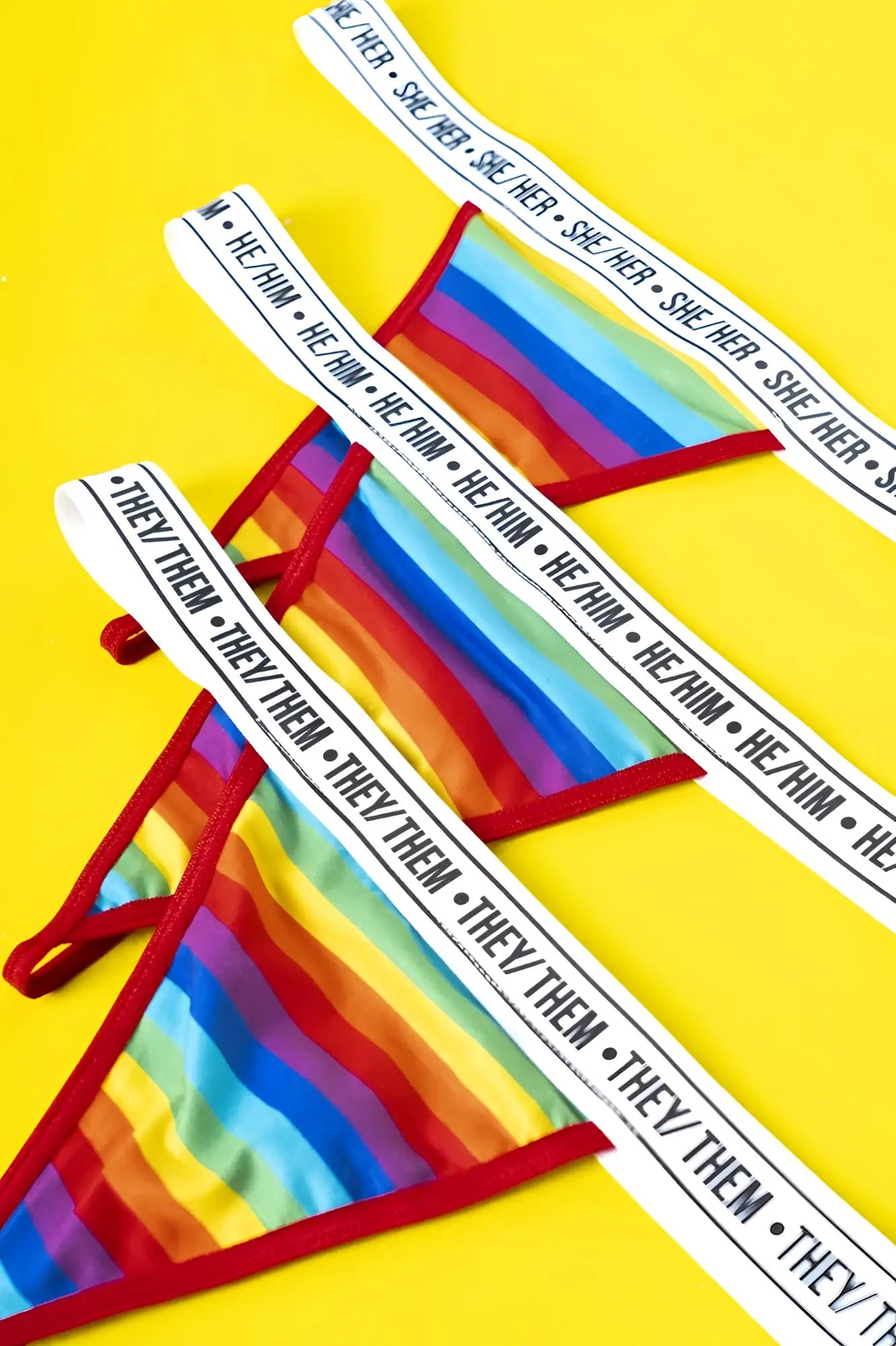 Mapale 123c rainbow thong color with rainbow stripes, red trim, and white waistband printed with he him or she her