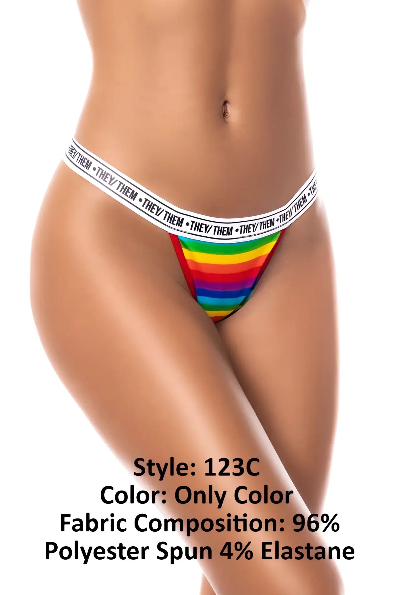 Rainbow-striped thong with white elastic waistband featuring they them logo repeated edge mapale 123c color only
