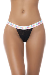 Black lace thong with rainbow he her branded waistband from Mapale 124A shown from the back side