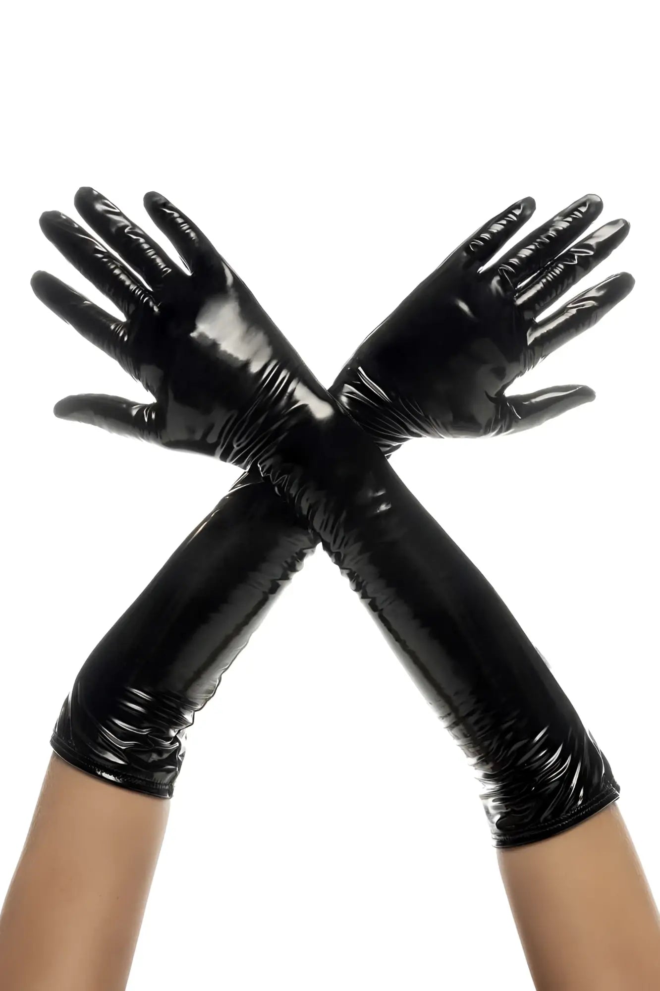 Black patent leather mapale 125 cruella high gloves with glossy finish and long sleek design shown from the back side