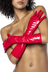Bright red glossy patent leather opera gloves from mapale 125 collection showing front view