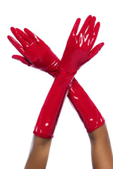 Vibrant red glossy latex gloves with long sleeves extending past the elbow by mapale 125 gloves color gloss red