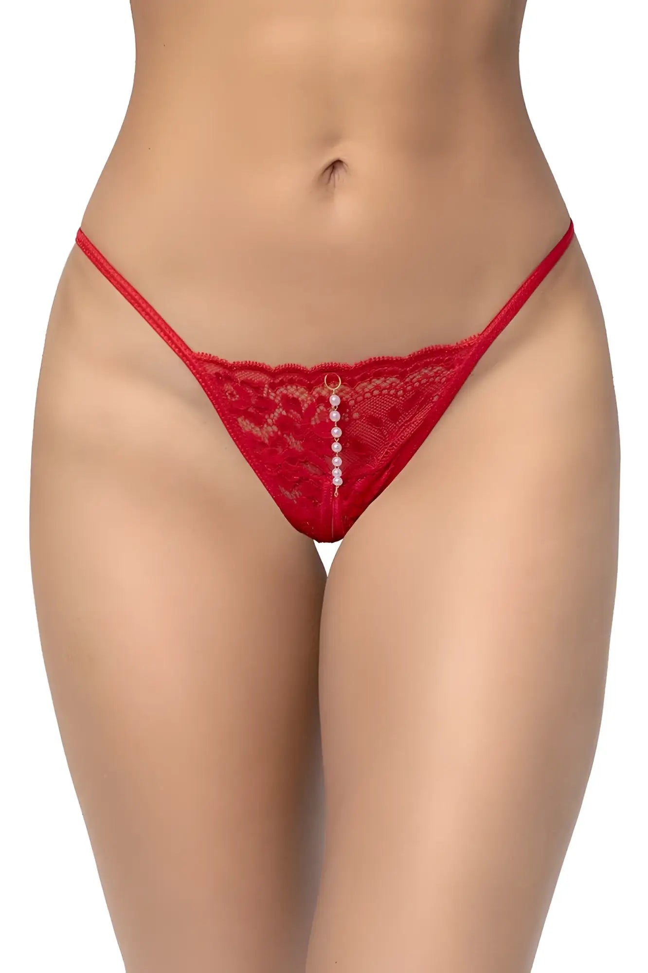 Red lace Mapale 129 thong with a vertical row of white pearls down the center for elegant intimate wear