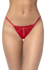 Red lace Mapale 129 thong with a vertical row of white pearls down the center for elegant intimate wear