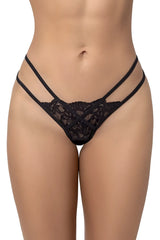 Black lace thong mapale 130 with intricate floral patterns and thin crisscrossing straps in black color