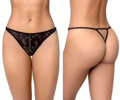 Black lace thong with delicate floral pattern and thin adjustable straps from mapale 133 in black