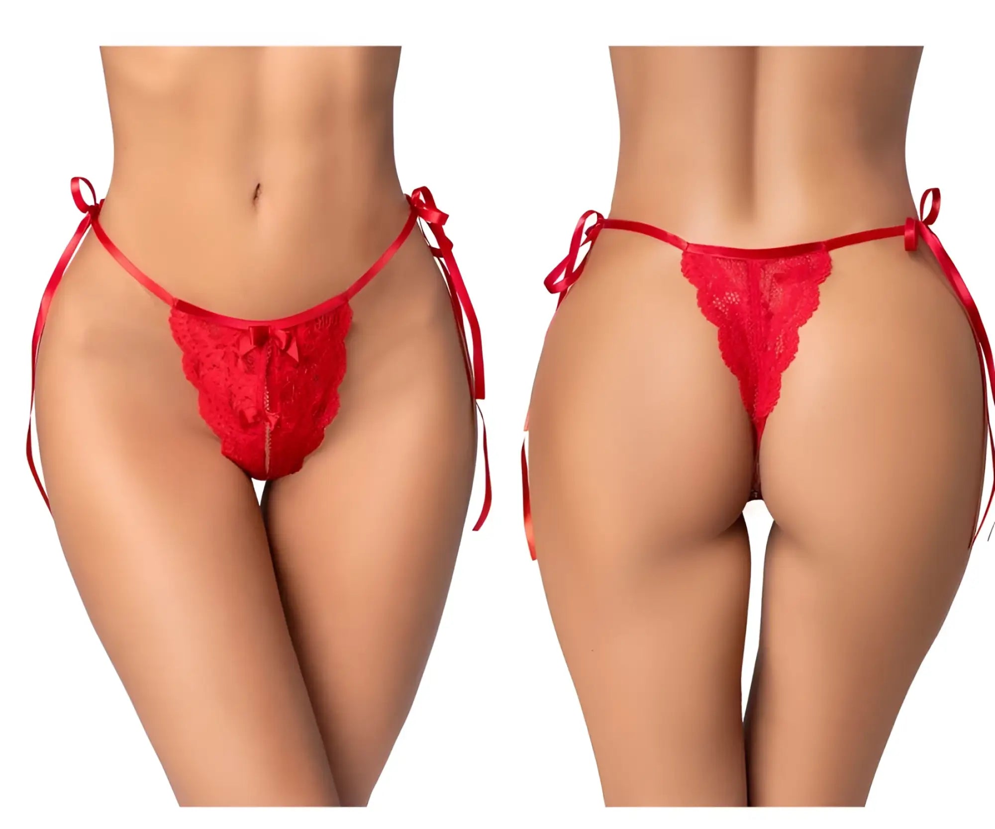 Red lace thong with satin ties and small front bow by Mapale 134 in vibrant red color