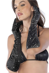 Black satin opera gloves by Mapale adorned with sparkling rhinestones for elegant evening wear