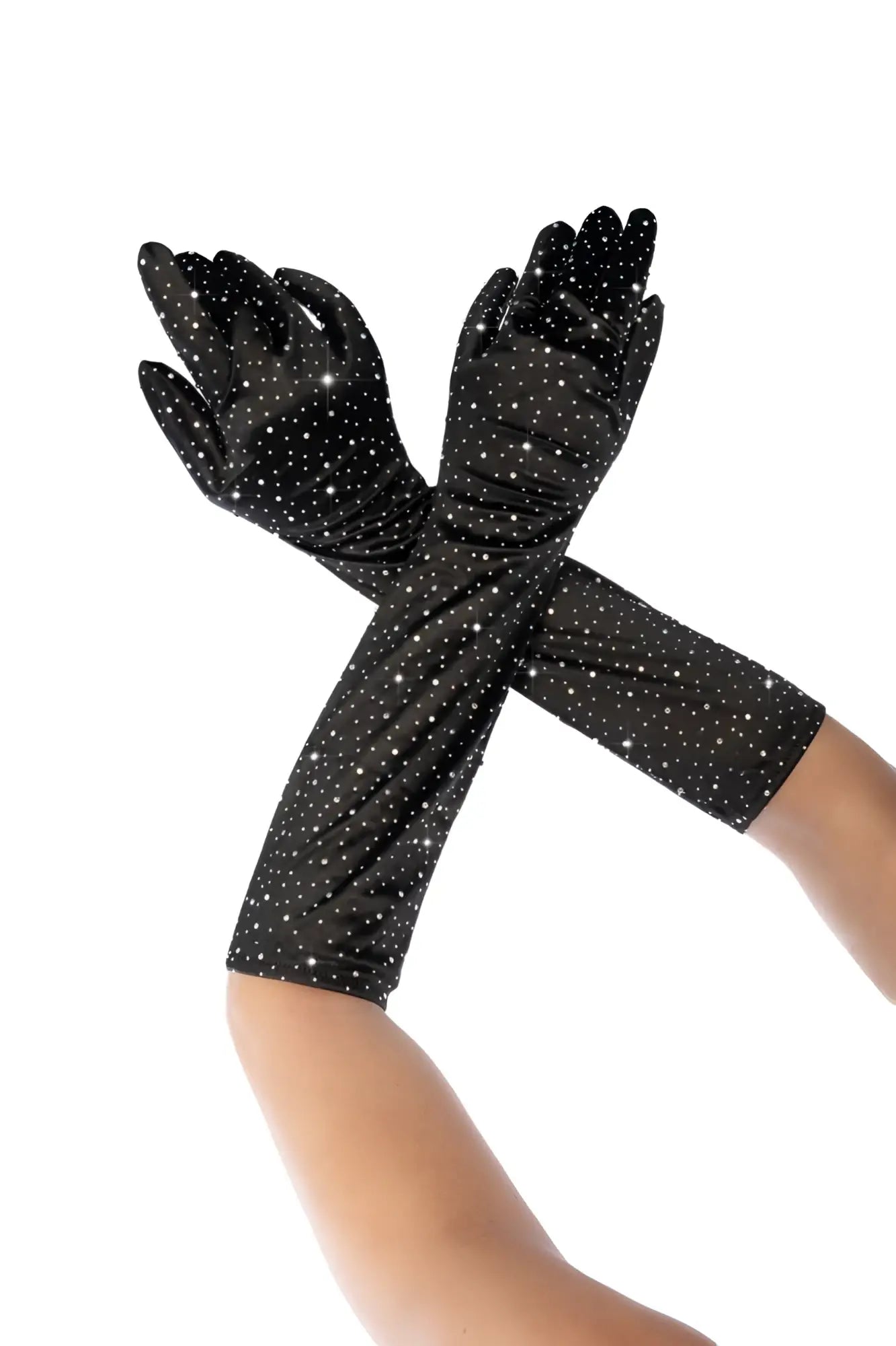 Black satin opera gloves by Mapale 135 adorned with sparkling white rhinestones for a glamorous look