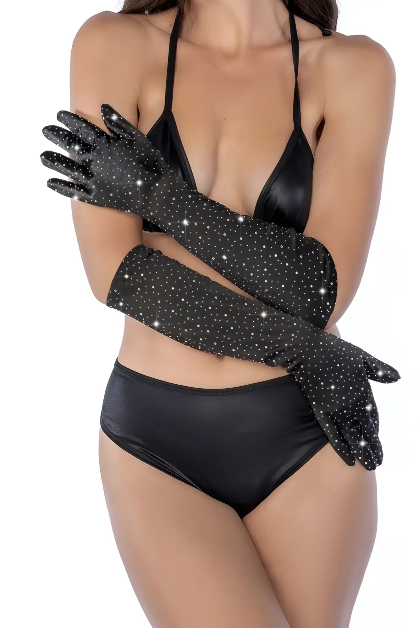 Black mapale 135 satin rhinestone opera gloves with sparkly long design and numerous small white rhinestones