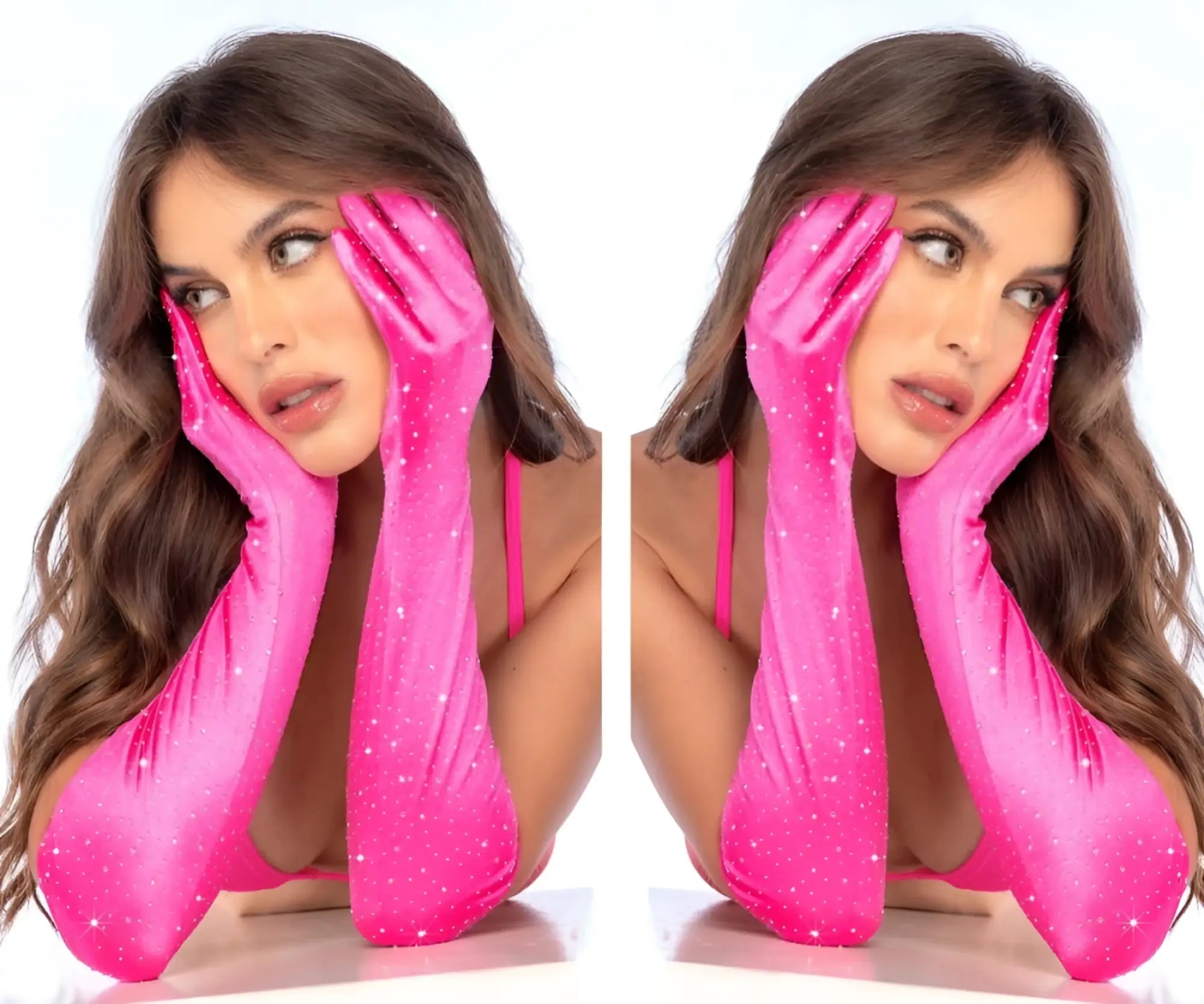 Bright pink mapale 135 satin rhinestone opera gloves with glossy sparkly satin and subtle glittery speckles
