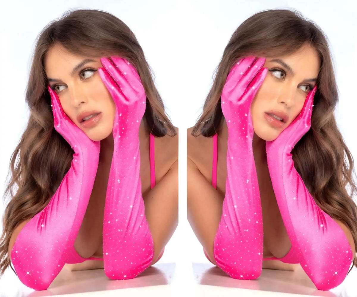 Bright pink mapale 135 satin rhinestone opera gloves with glossy sparkly satin and subtle glittery speckles