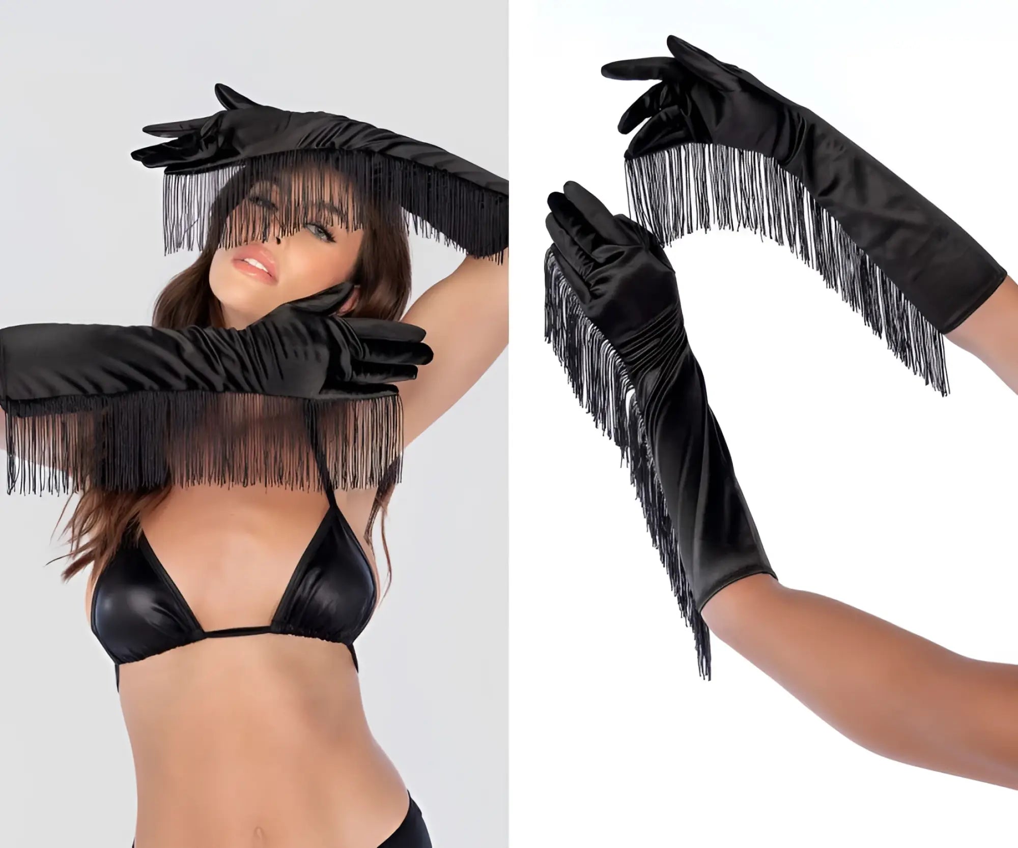 Black satin fringe opera gloves by Mapale featuring long fringe detail for elegant evening wear
