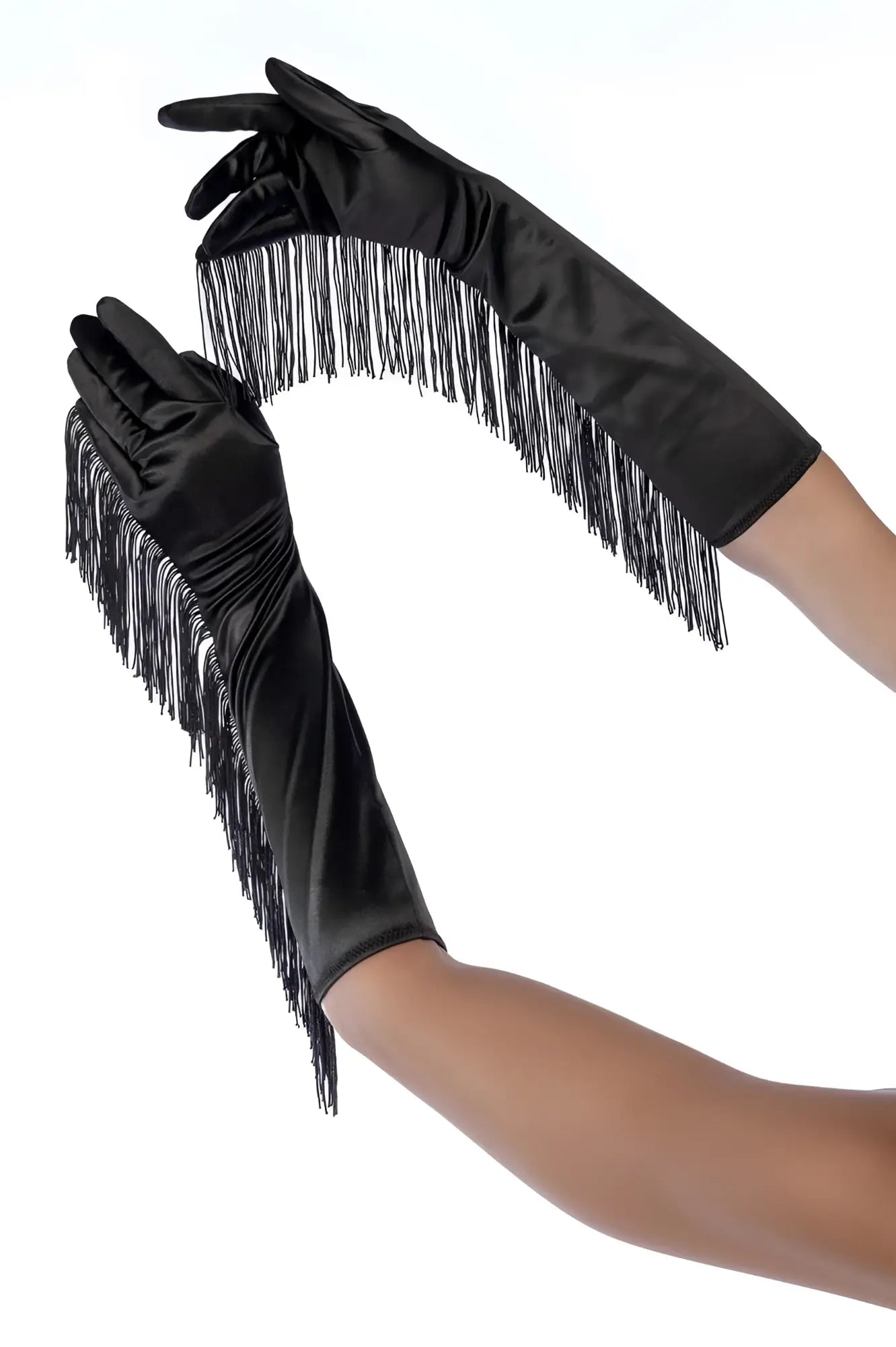 Black satin opera gloves by Mapale with long flowing fringe detailing for elegant evening wear