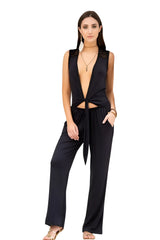 Black sleeveless Mapale 1897 jumpsuit featuring lace shoulder detailing and a deep front tie for stylish wear
