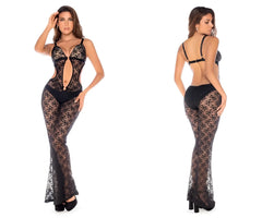 Black lace bodysuit with plunging neckline and flared leg design from mapale 1914 jumpsuit in black