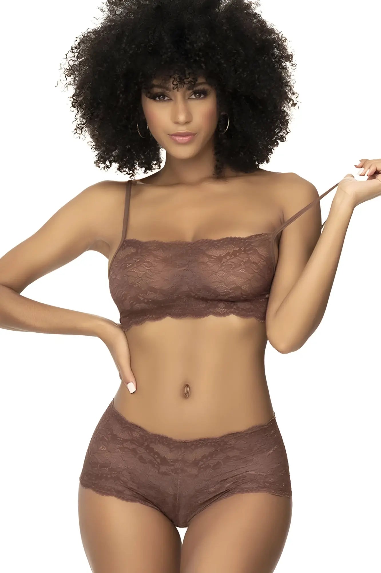 Brown lace bra and matching briefs set in cocoa color by Mapale featuring delicate lace material and stylish design