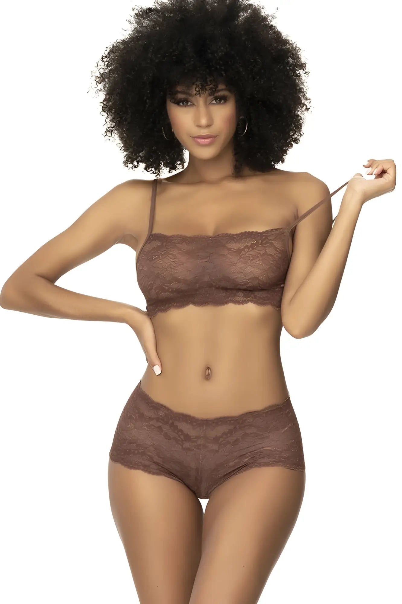 Mapale 206 panty and top lace set in cocoa color featuring brown lace bra and matching high-waisted panties