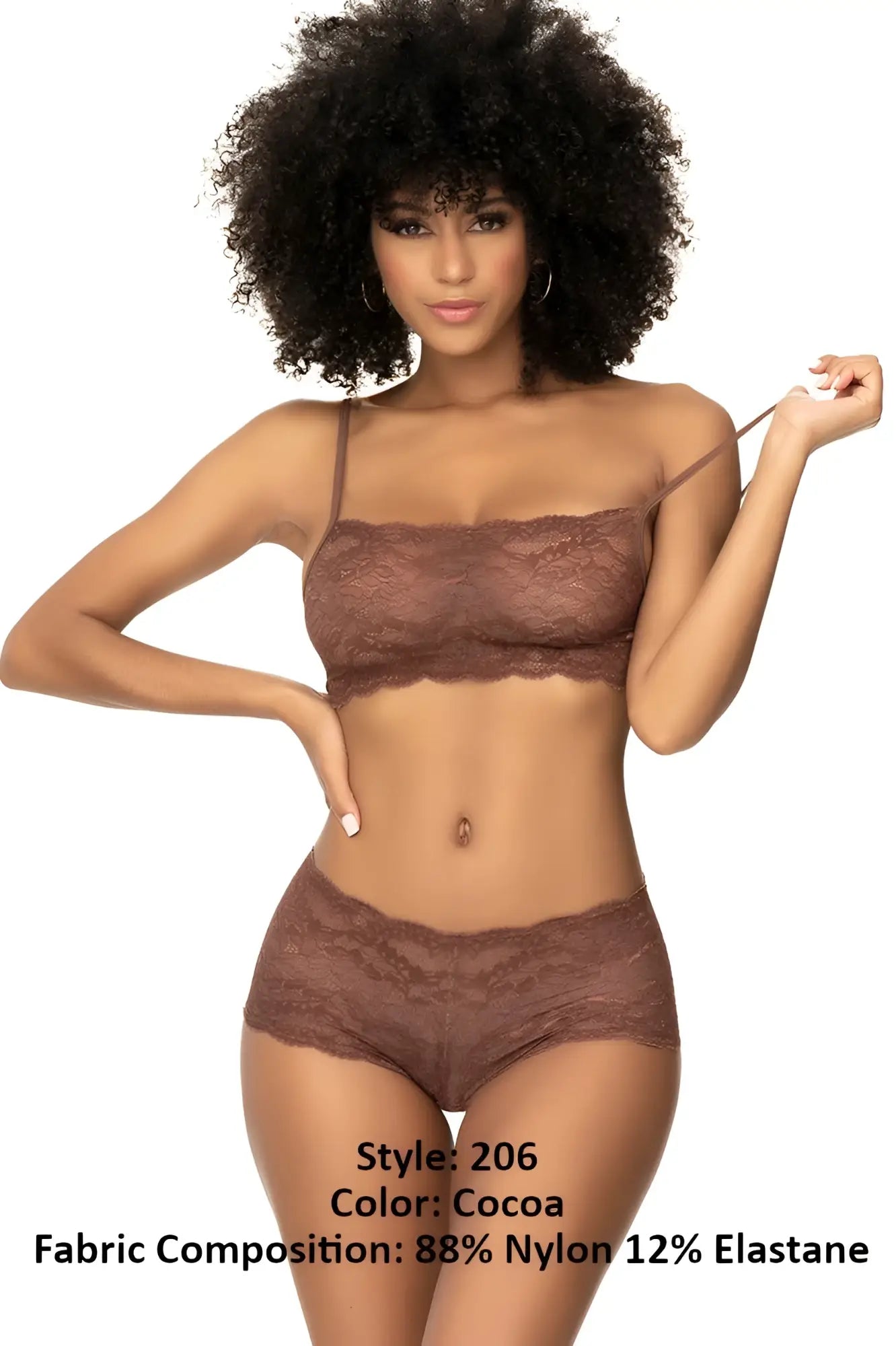Mapale 206 panty and top lace set in cocoa color featuring a cocoa lace bra and matching high-waisted panties