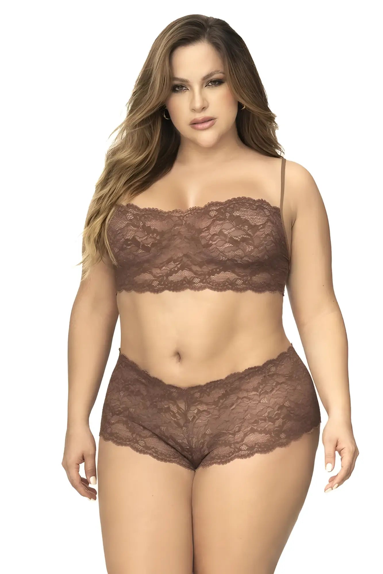 Brown lace bra and matching high-waisted panties set in cocoa color from mapale 206x lace panty and top set