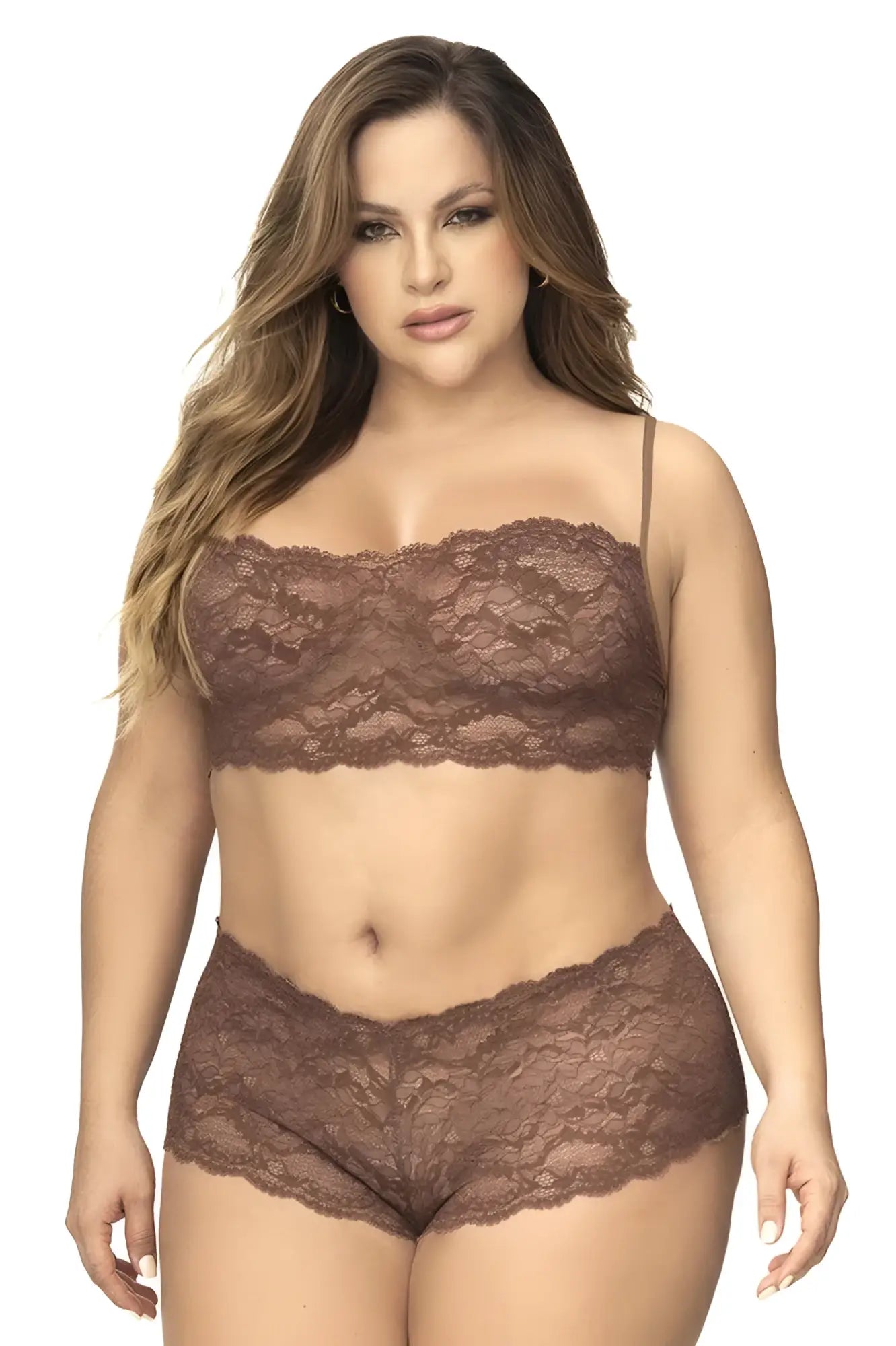 Brown lace bra and matching high-waisted panties set in cocoa color by Mapale 206X panty and top lace set