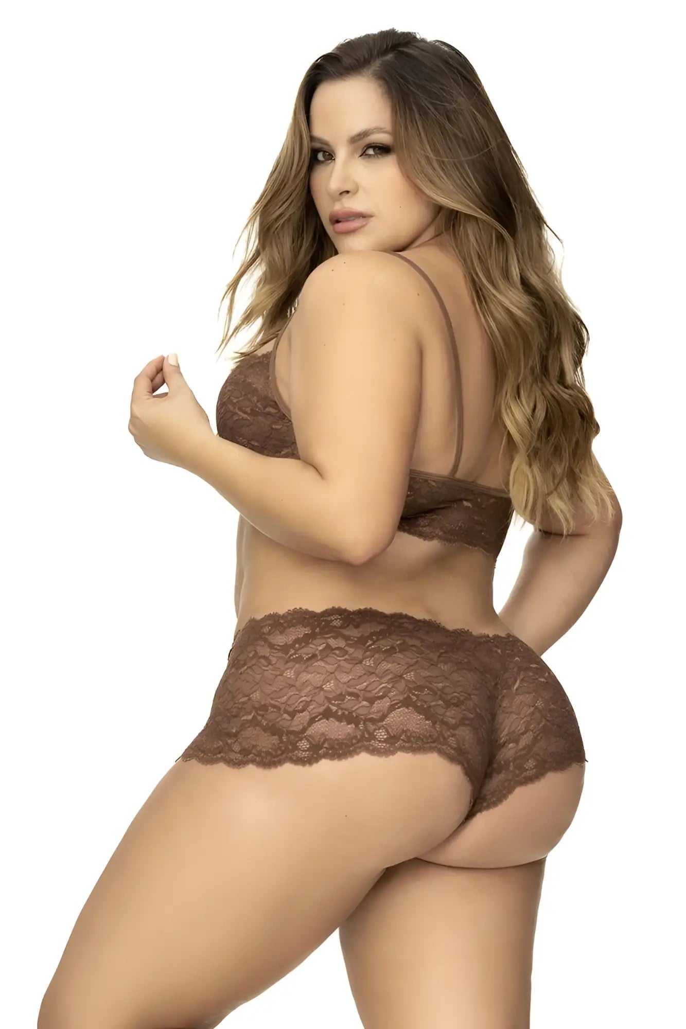 Brown lace lingerie set featuring intricate floral patterns seamless form-fitting design mapale 206x panty and top cocoa