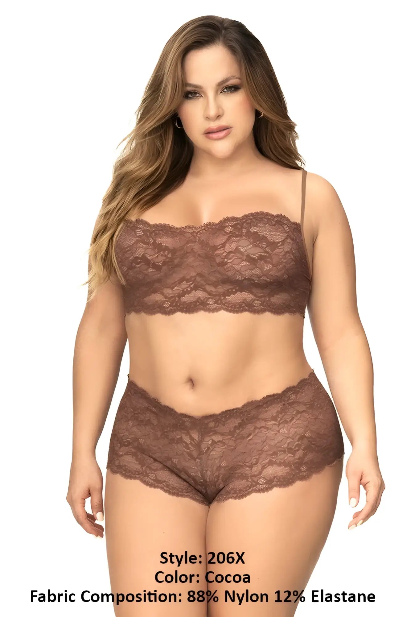 Mapale 206x panty and top lace set in cocoa featuring intricate floral patterns and delicate spaghetti straps