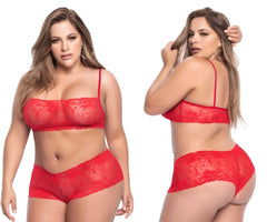 Red lace lingerie set by Mapale featuring intricate floral patterns and thin straps in vibrant red color