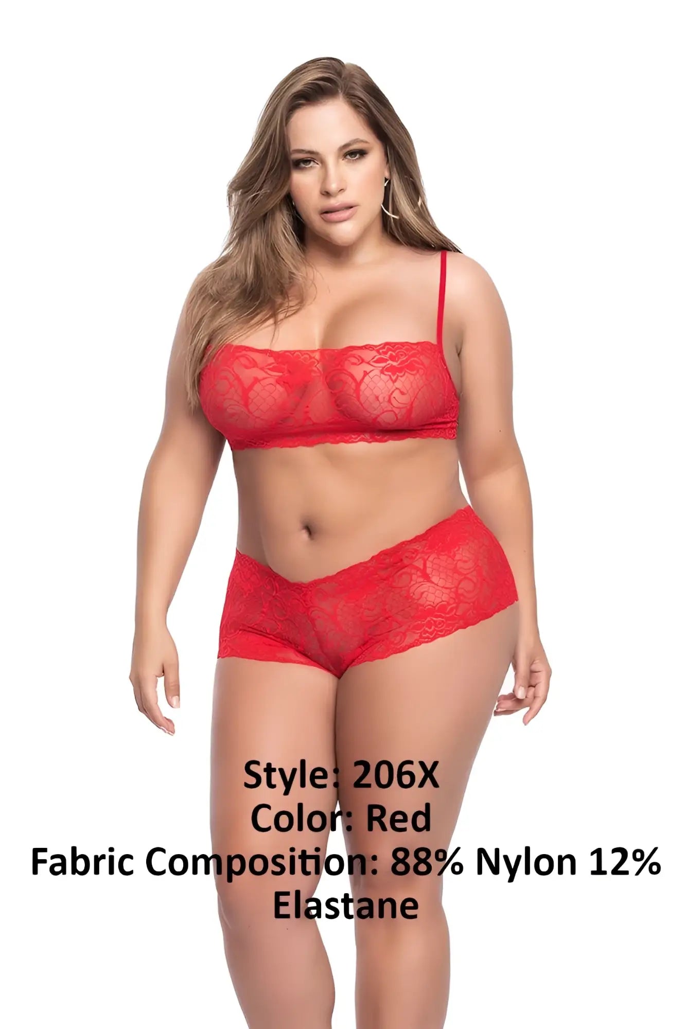 Red lace lingerie set by Mapale featuring intricate floral patterns and delicate spaghetti straps in red