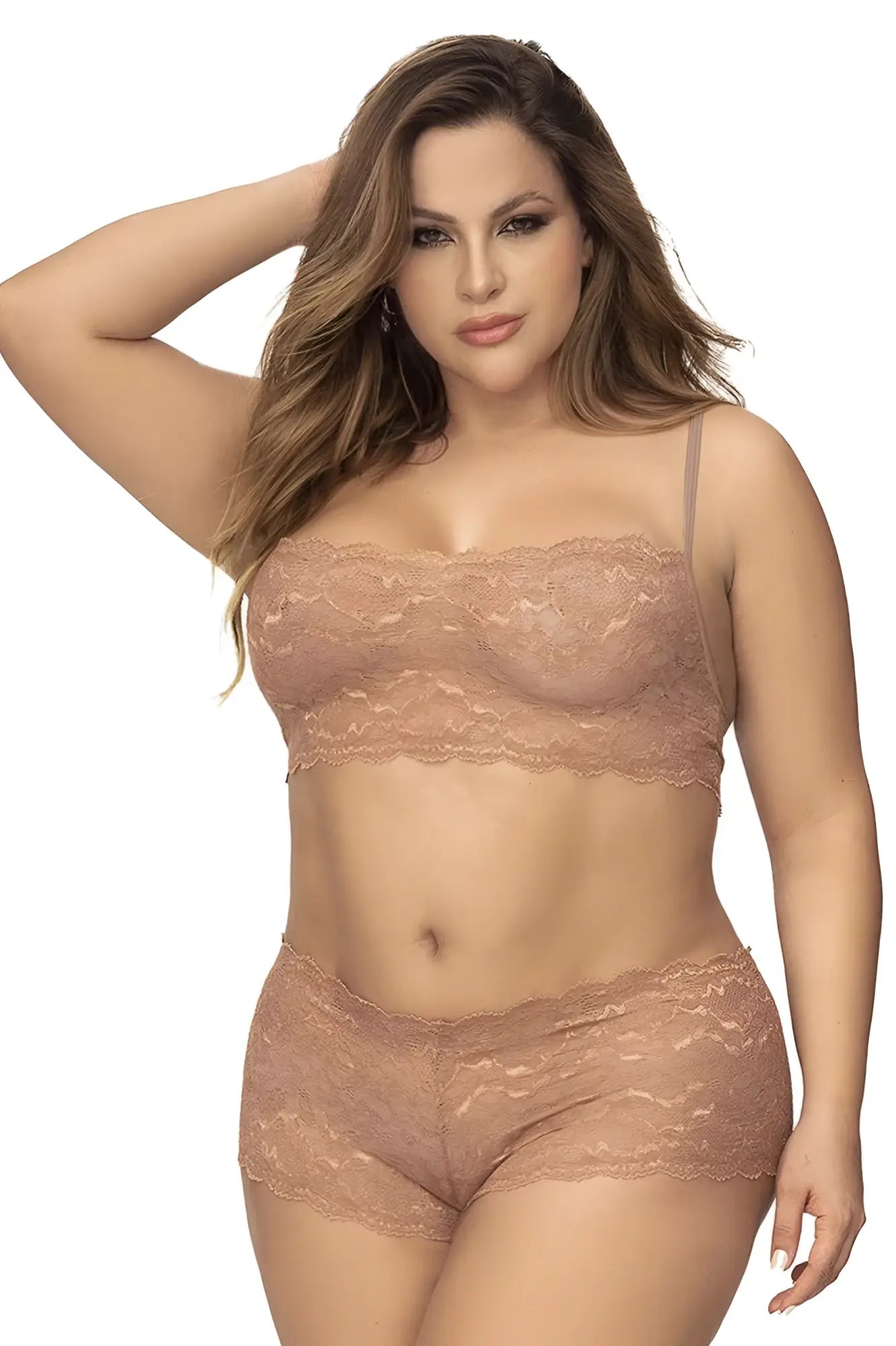Beige lace bra and matching shorts set in taupe color from mapale 206x panty and top lace set collection