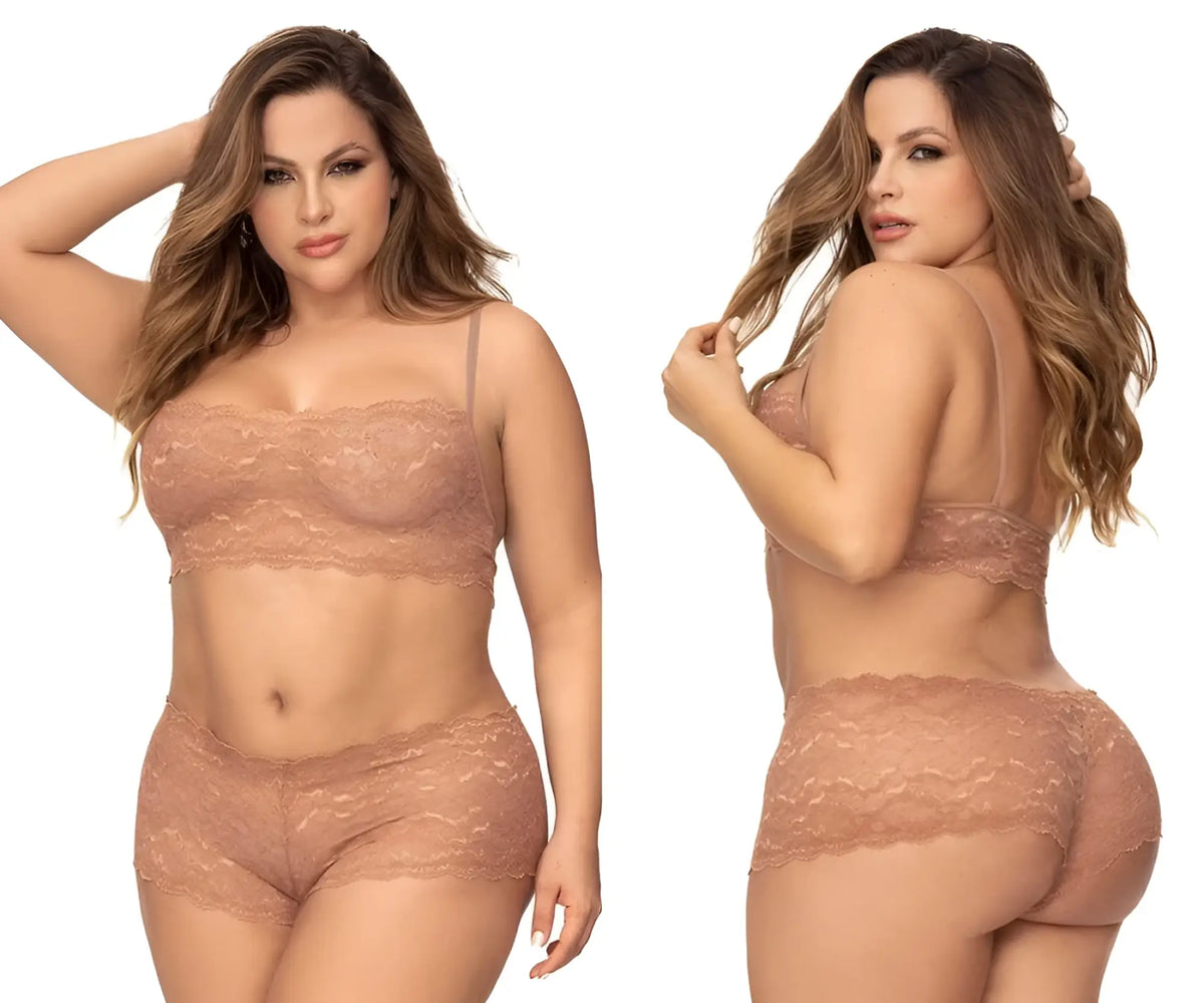 Beige lace lingerie set with bra and high-waisted briefs featuring intricate floral patterns mapale 206x taupe
