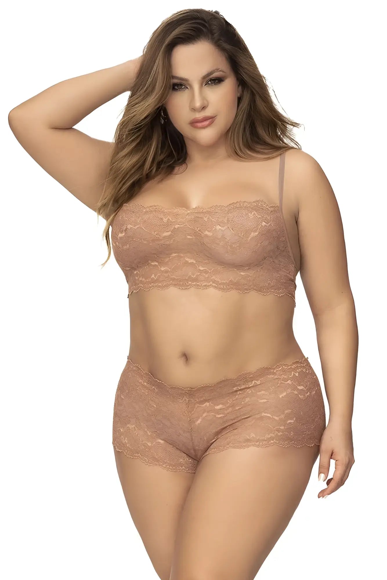 Mapale 206X taupe lace bra and high-waisted panty set featuring delicate floral patterns in beige lace