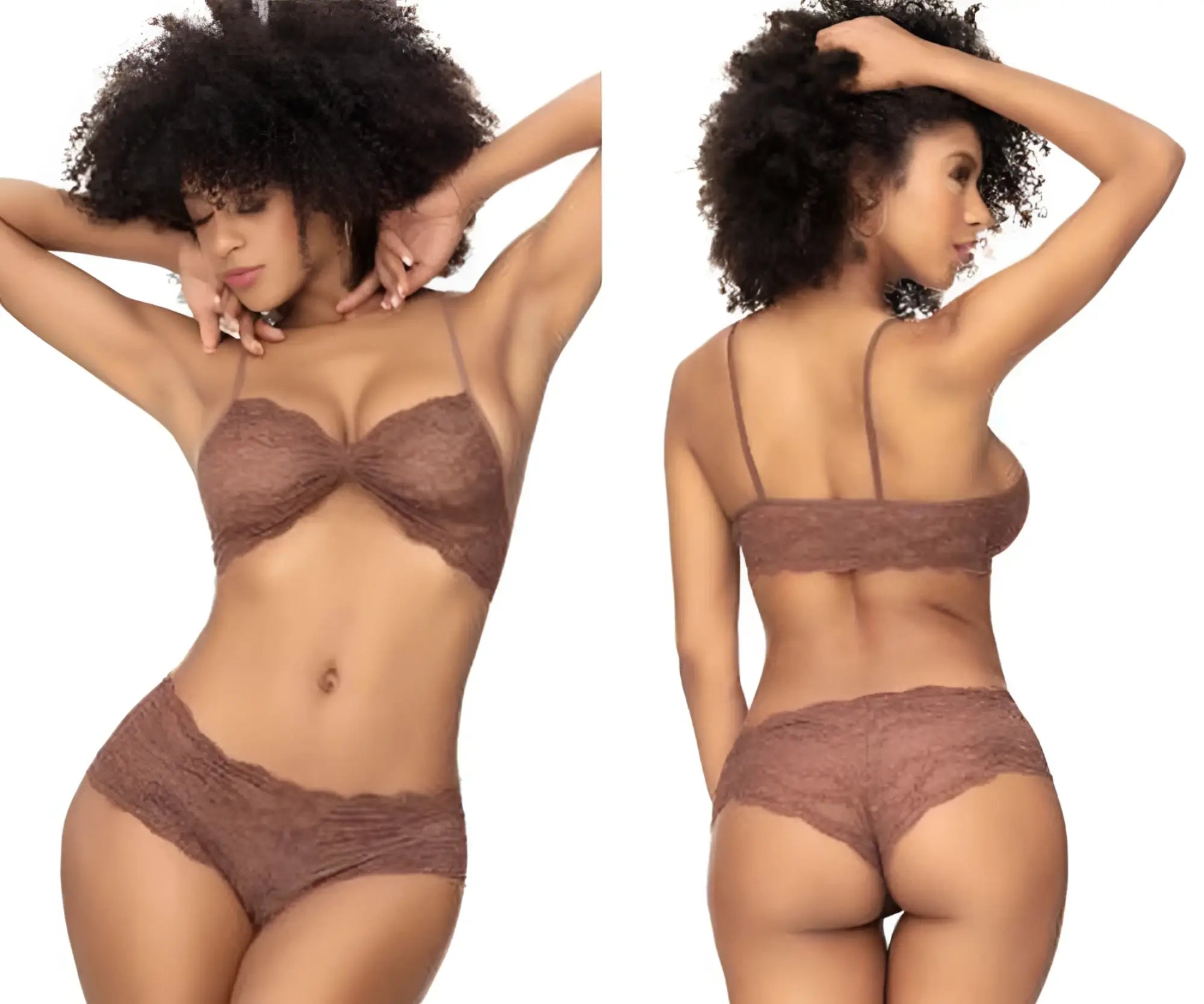 Brown lace Mapale 207 panty and top lace set in cocoa color featuring a matching bra and panties set