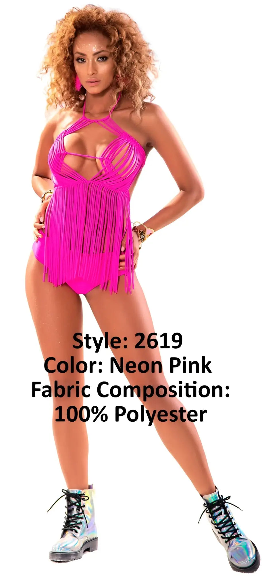 Mapale 2619 neon pink one-piece swimsuit with fringe detailing halter neckline made of 100% polyester