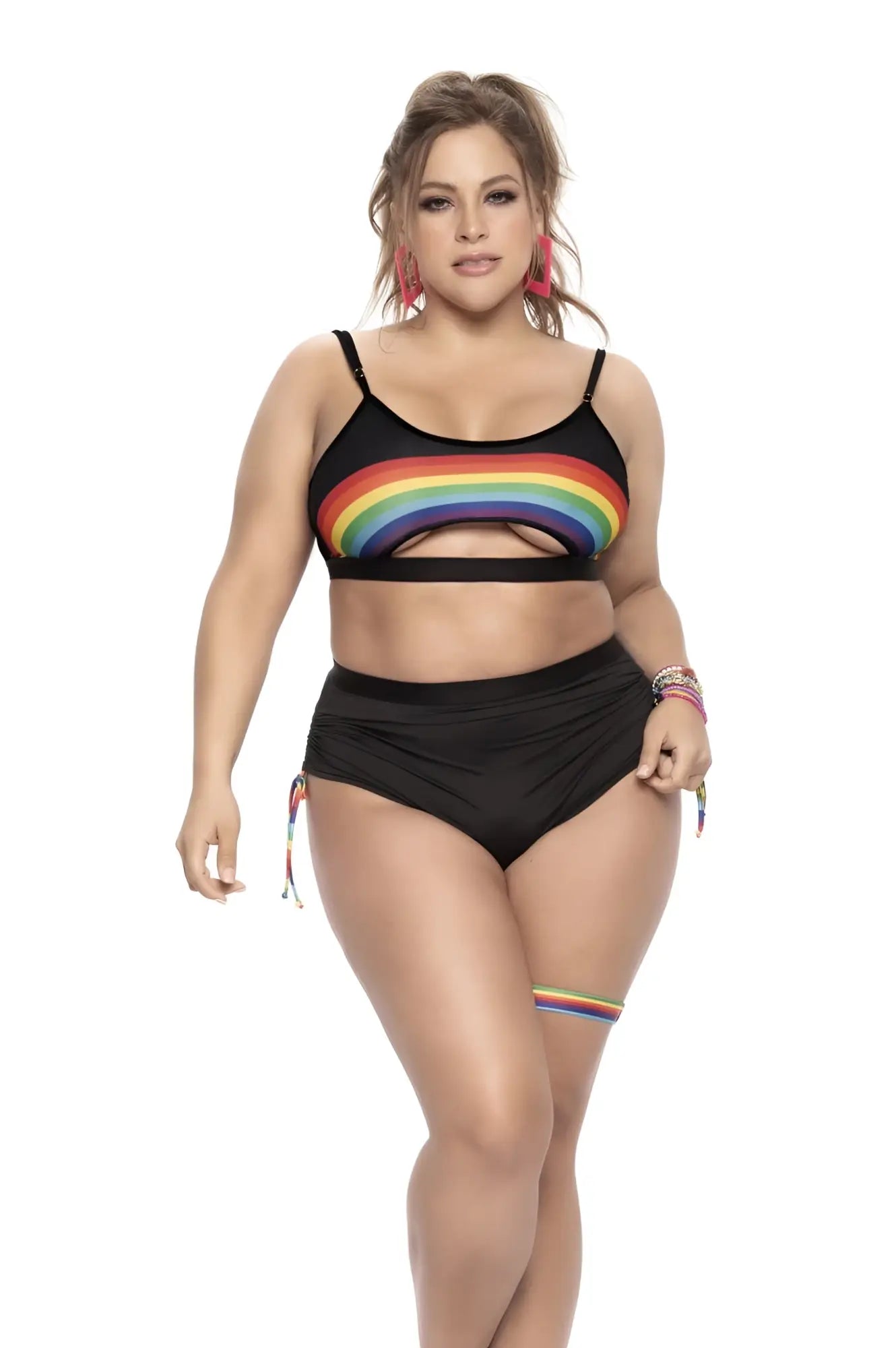 Mapale 2689X black two piece bikini set with rainbow cutout top and high waisted bottoms with side ties