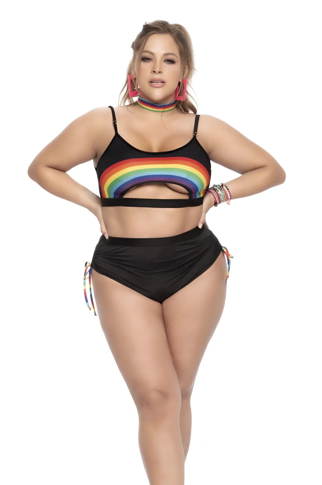Black Mapale 2689X two piece bikini set with rainbow stripe top and matching tie-side bottoms