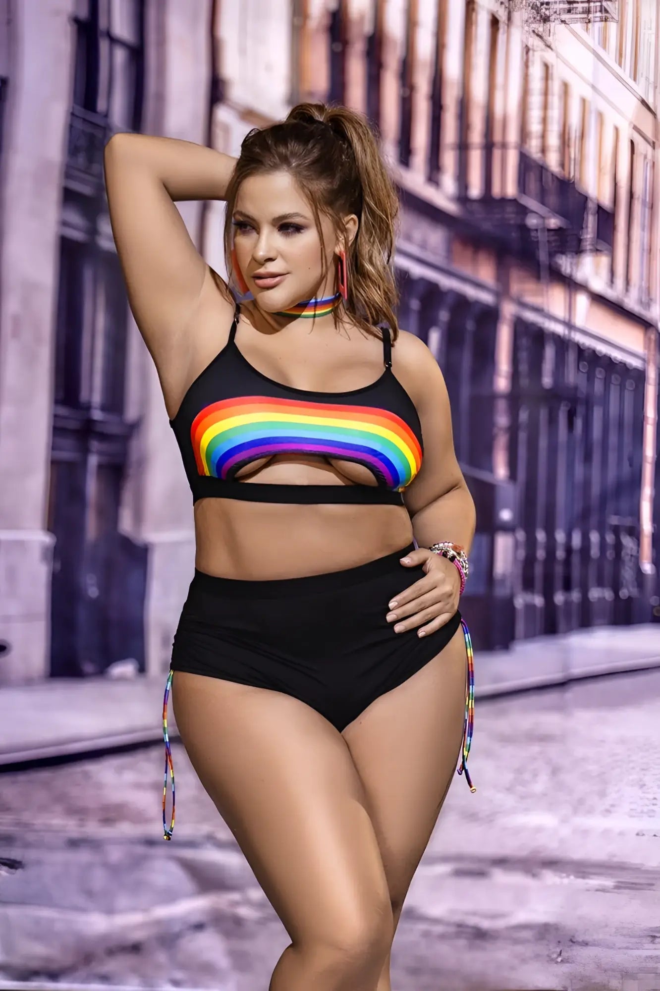 Black mapale 2689x two piece swimsuit with rainbow stripe across the top and matching tied side ties