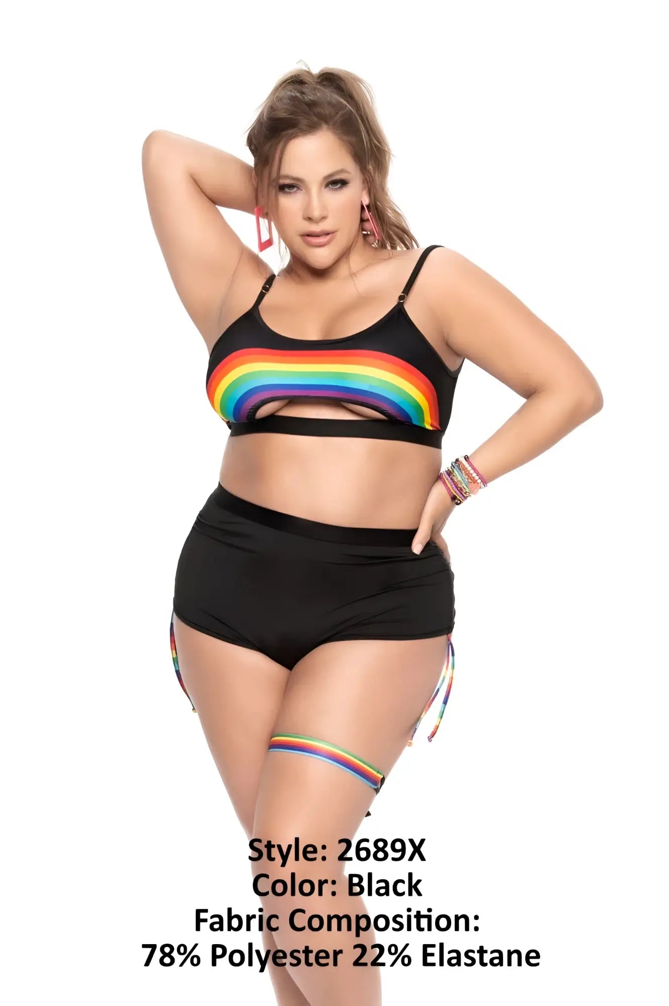Black Mapale 2689X two-piece swimwear set with rainbow stripe accents on top and leg tie details