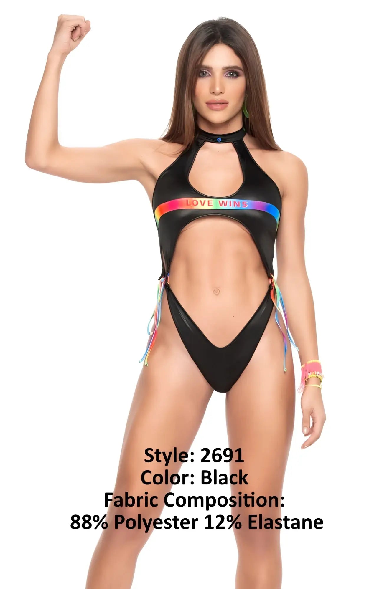 Black halter-style bikini bodysuit by Mapale with rainbow love wins band and colorful tassels on sides