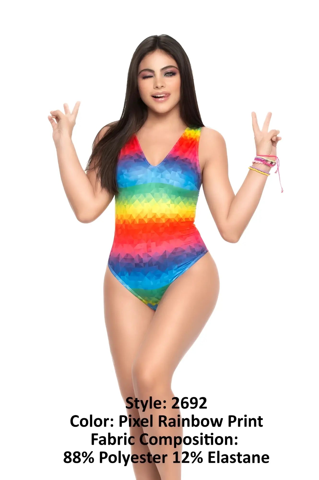 Mapale 2692 bodysuit pixel rainbow print one-piece swimsuit made of 88% polyester 12% elastane front view