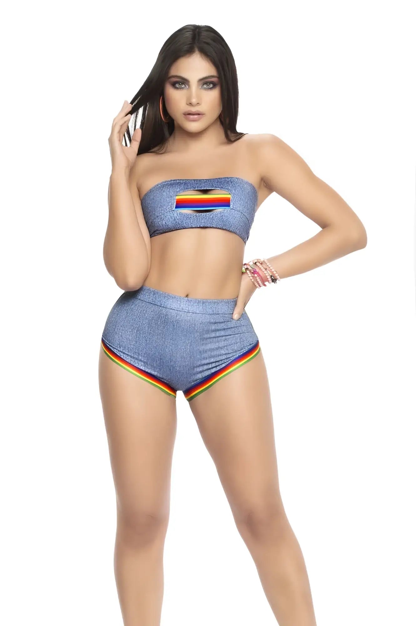 Mapale 2694 two piece set chambray blue denim strapless top and high waisted shorts with rainbow trim
