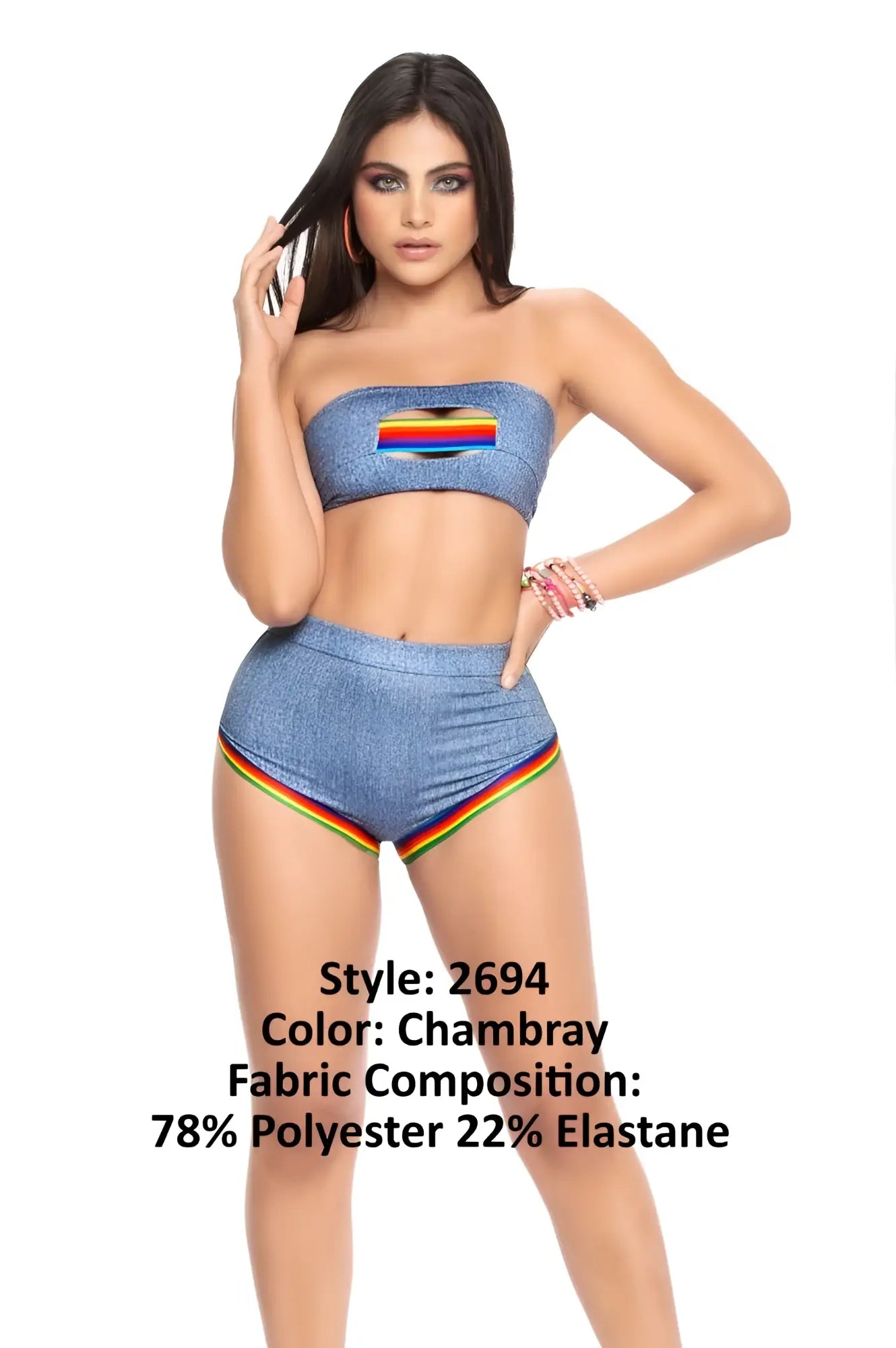 Mapale 2694 two piece set featuring a blue chambray strapless top and high waisted shorts with rainbow trim