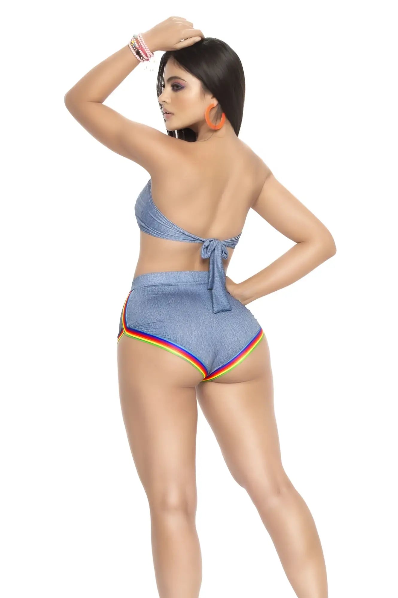 Denim two-piece swimwear set with rainbow trim in chambray color by Mapale for stylish beachwear